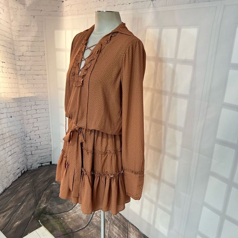 Alexis rozalyn tan spotted long sleeve lace up mini dress size small - Picture 5 of 12